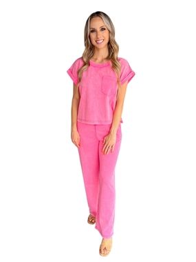 Zenana Outfitters Pink Short Sleeve Top and Wide Leg Pants Set